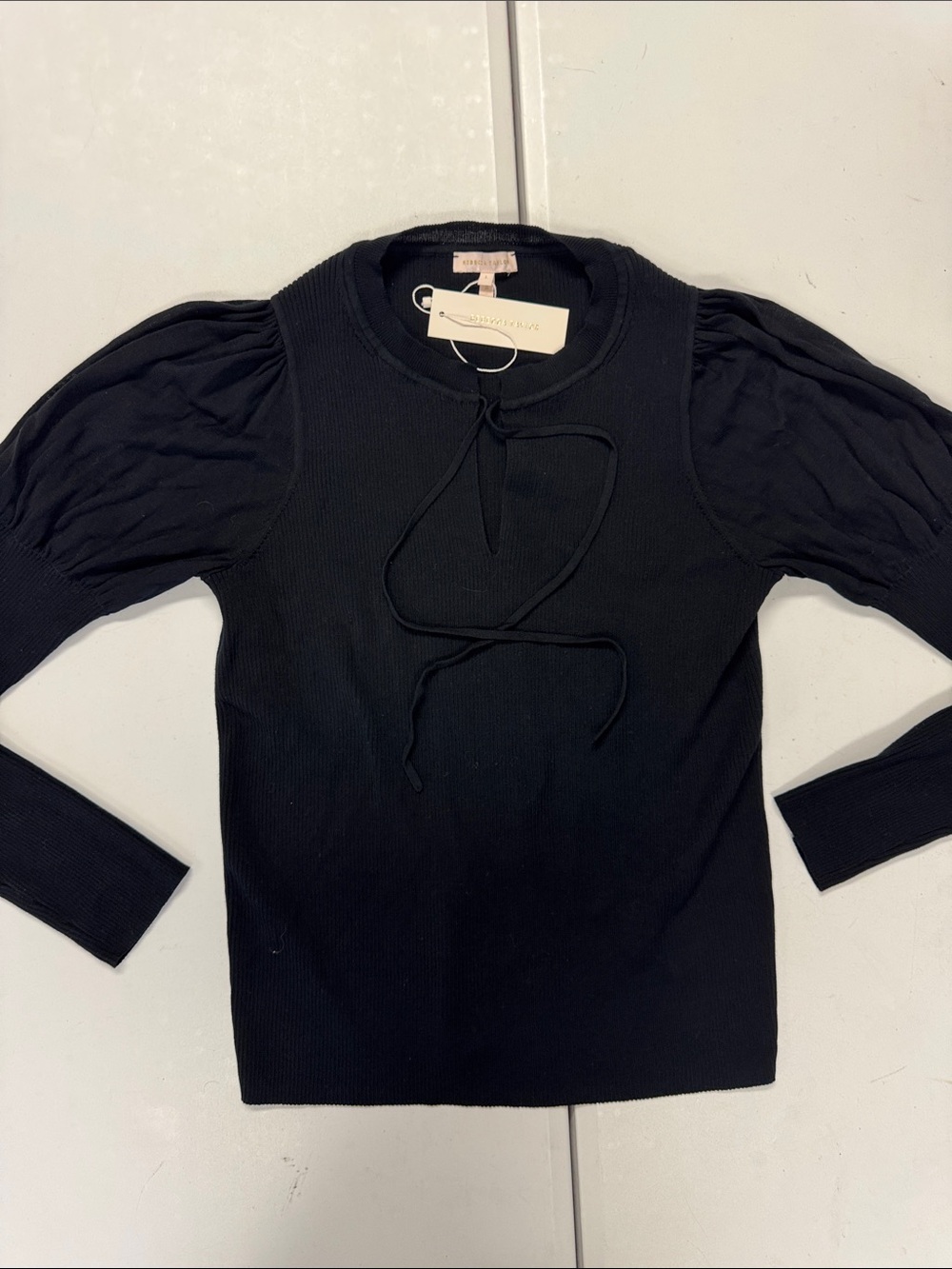 Rebecca Taylor Black Puff Sleeve Tie-Neck Long Sleeve Top